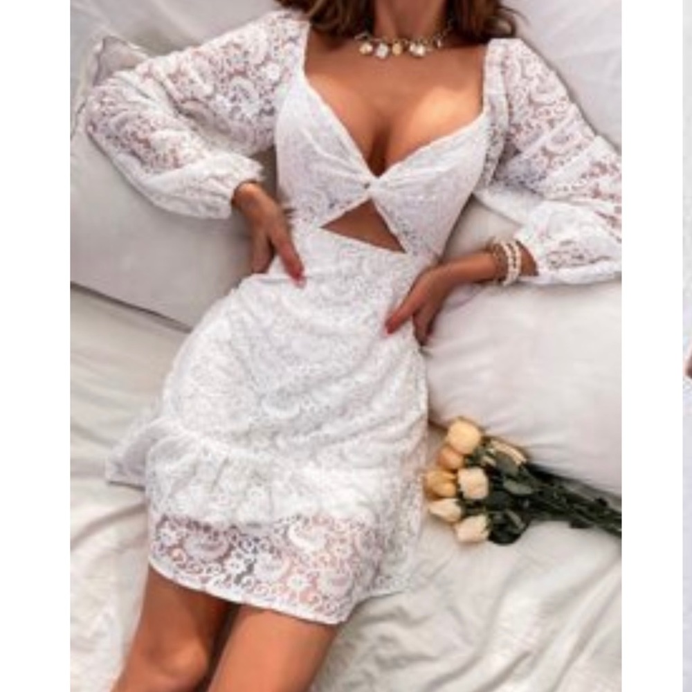 White lace cutout dress bridal shower mini dress